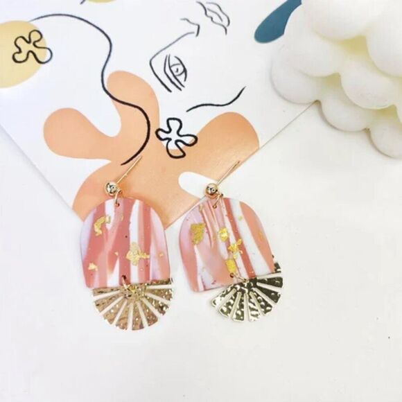 Cotton Candy Pink Marbled Gold Abstract Mixed Media Drop Earrings - Picture 2 of 6